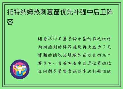 托特纳姆热刺夏窗优先补强中后卫阵容 托特纳姆热刺夏窗优先补强中后卫阵容